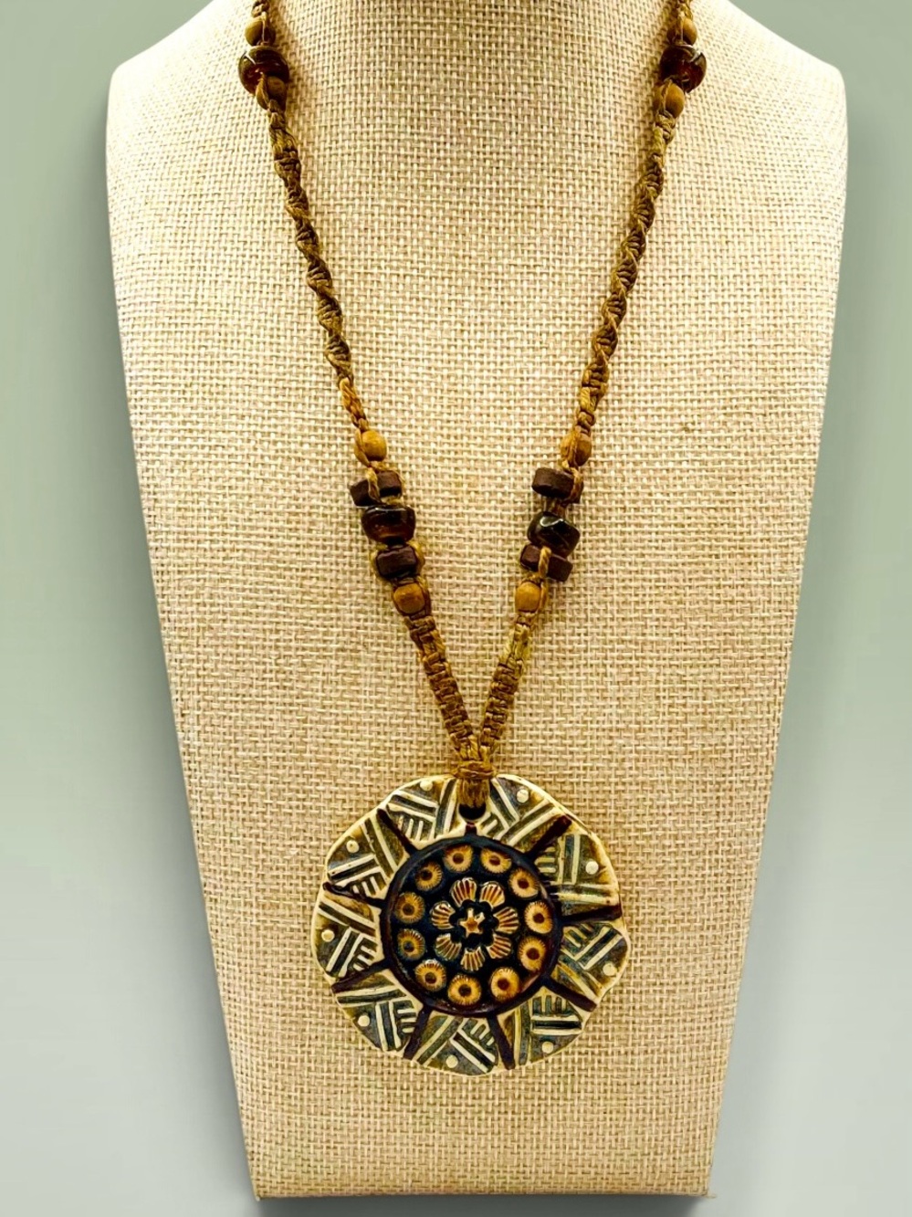 Vintage Handcrafted Ceramic Medallion Pendant Corded Necklace